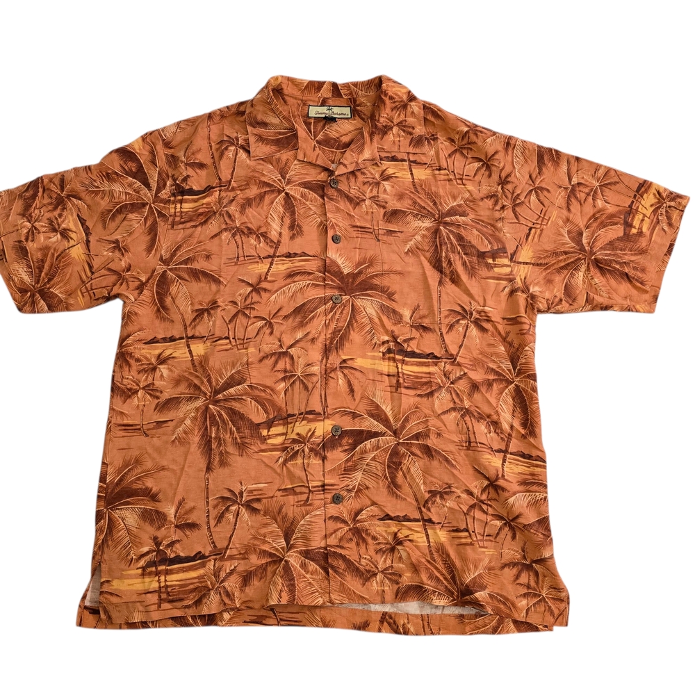 Tommy Bahama Hawaiian Shirt Mens Medium Orange Palm Print Button Up  Short Sleev